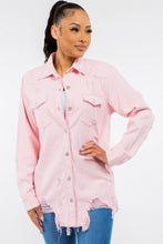 Load image into Gallery viewer, Frayed Hem Distressed Denim Jacket-Pink
