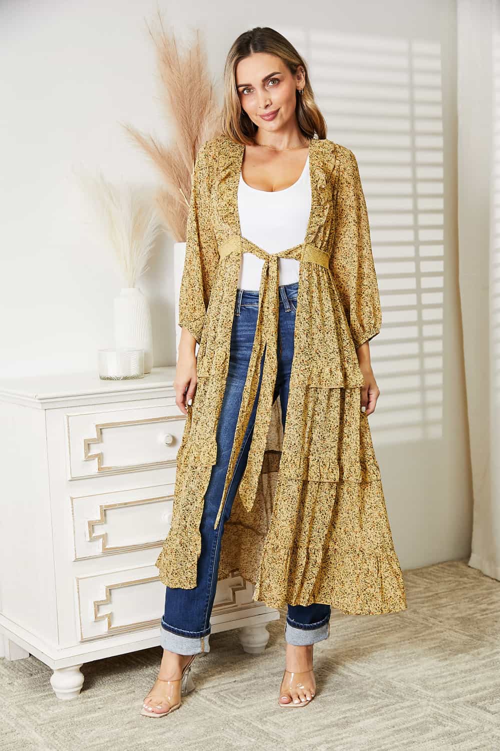 Tie Front Ruffled Duster Cardigan