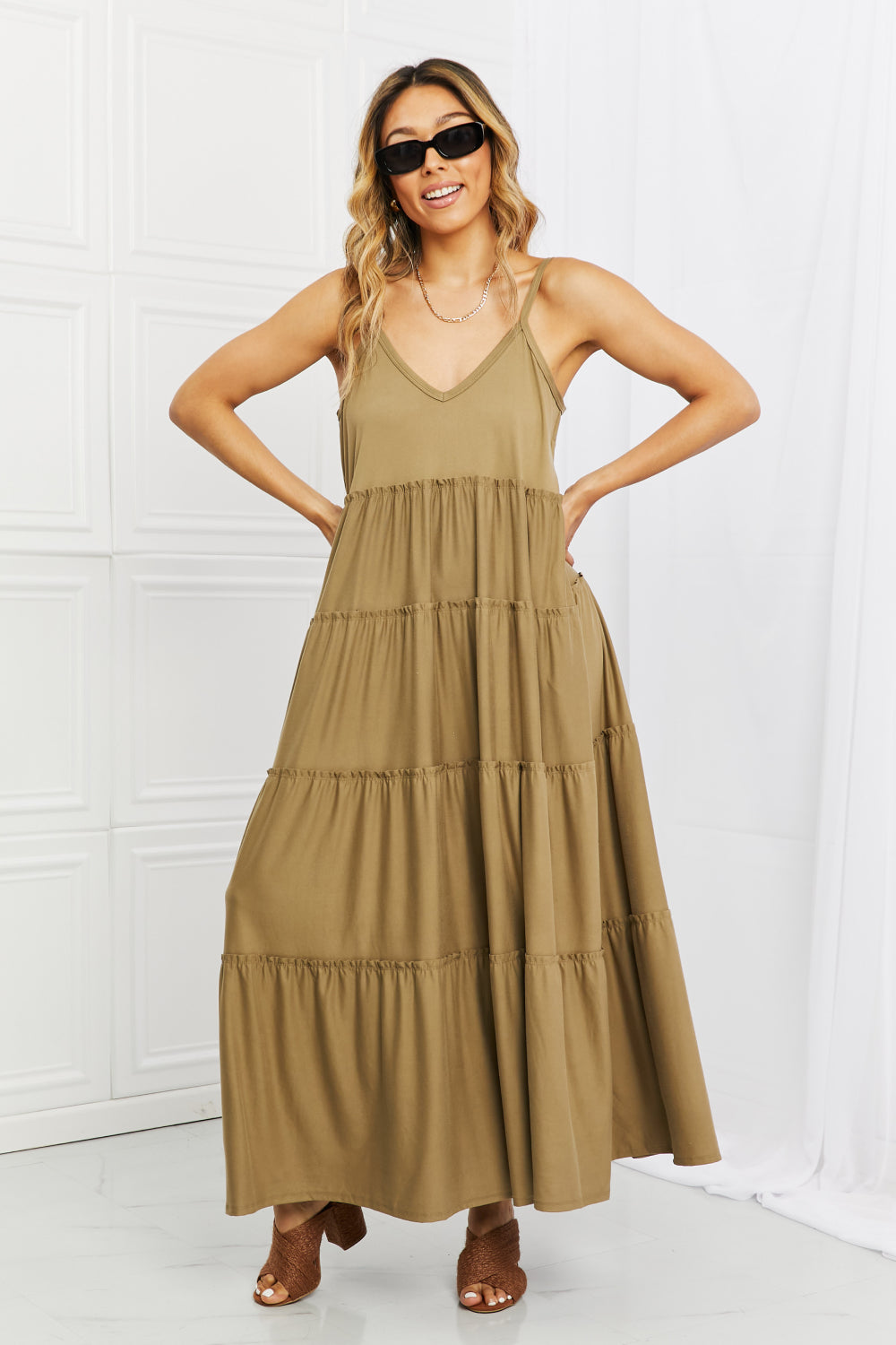Modest Spaghetti Strap Tiered Dress with Pockets in Khaki